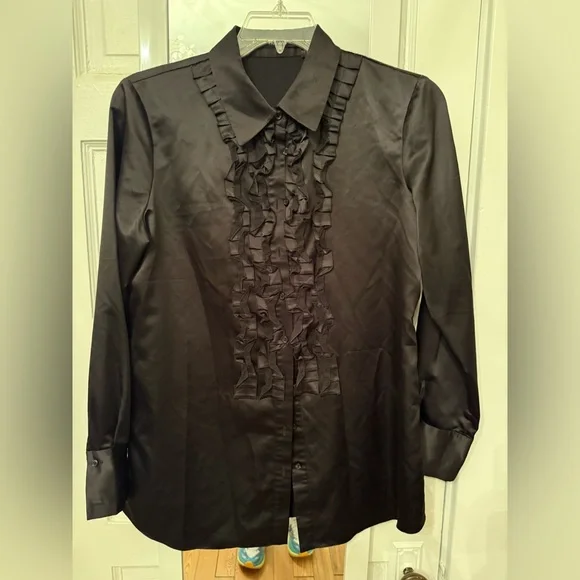 Tahari women’s black satin tuxedo shirt size L - Picture 1 of 8